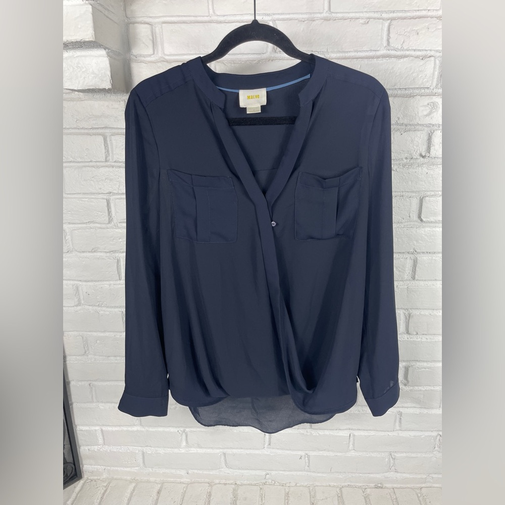 Maeve Anthropologie navy draped front blouse polyester dressy top size 4